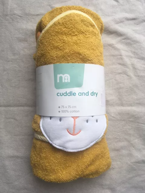 MOTHERCARE Lion Cuddle and Dry Hooded Baby Towel 100% Cotton Yellow 75 x 75 cm