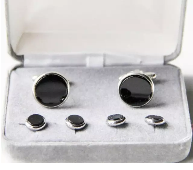 Black Glass & Metal Cuff Links Stud Set Tuxedo Formal Wear 6 Piece Set