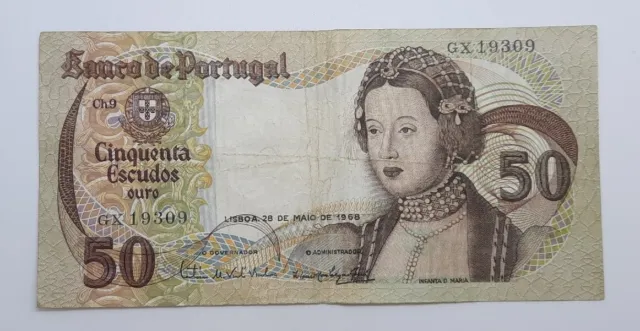 1968 - Banco De PORTUGAL - 50 (Fifty) Escudos  Banknote, Serial No. GX 19309