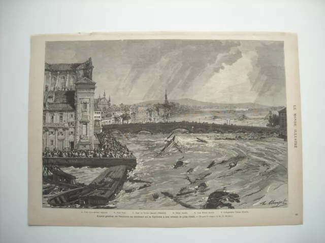 Gravure 1875. Inondation Du Midi. Aspect General De Toulouse Garonne Crue Maxi.
