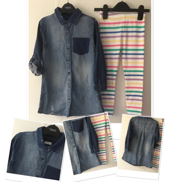 Next new girls distressed denim shirt dress & new nutmeg leggjngs 4-5 years