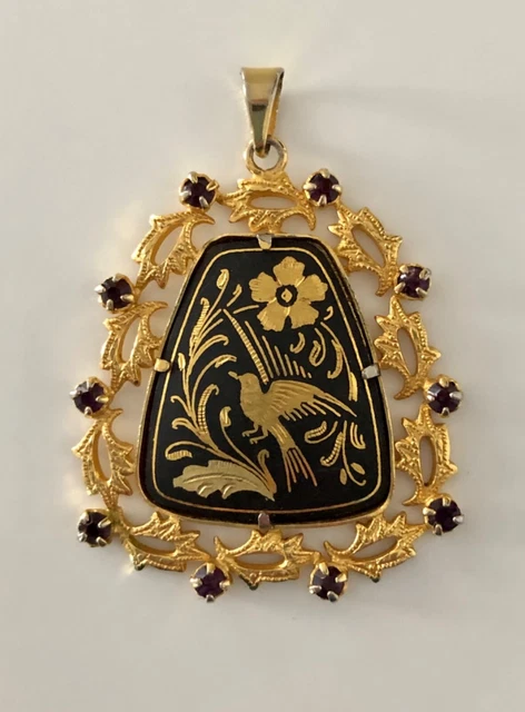 Pendentif Vintage Or De Tolède Damascène Floral Oiseau - Occasion - 4,8 Cm