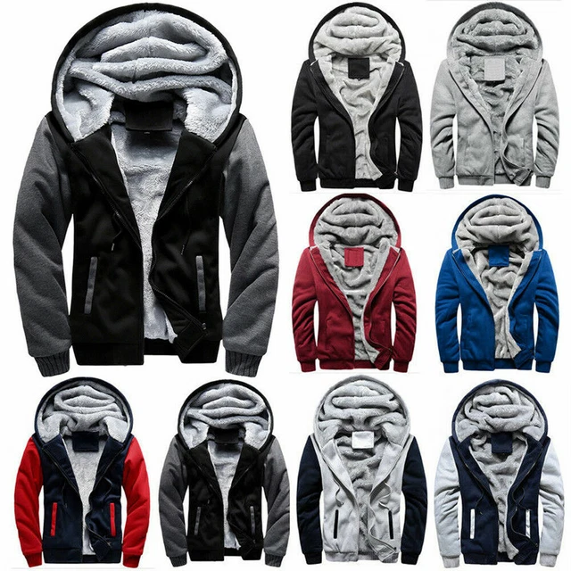 Mens Thick Warm Fleece Fur Lined Hoodie Zip Up Winter Coat Jacket Outwear Tops
