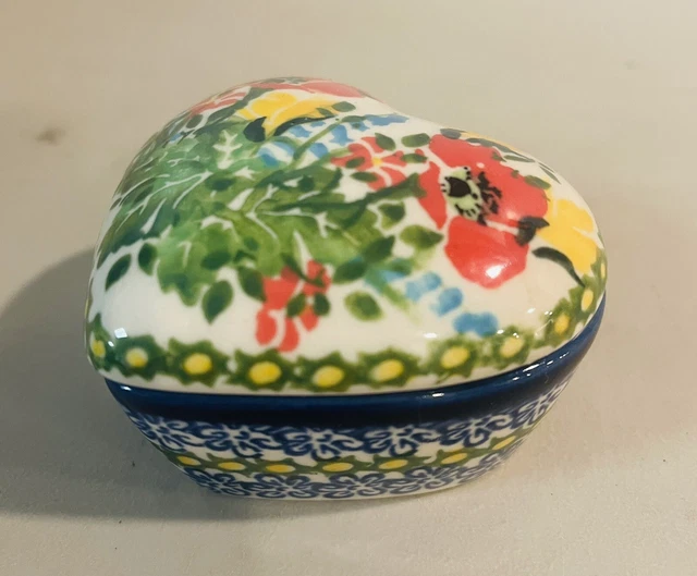 Polish Pottery Heart Trinket Box! UNIKAT Floral Pattern!