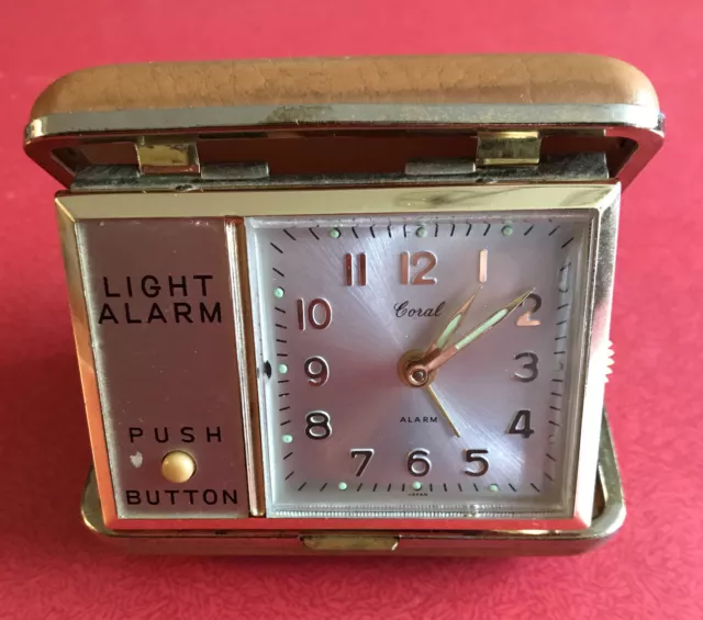 A Vintage Coral Key Wind Folding Travel Light/Alarm Clock Made in Japan