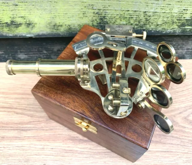 Antique Brass Pocket Sextant Navigation Nautical Marine Vintage Wooden Box 3