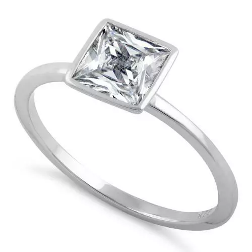 Genuine Sterling Silver Princess Cut Solitaire Clear CZ Ring All Sizes