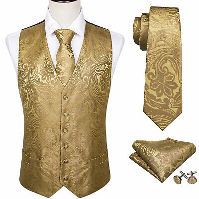 Mens Waistcoat Gold Paisley Floral Vest Tie Hankie Cufflinks Set Easy Care Gilet