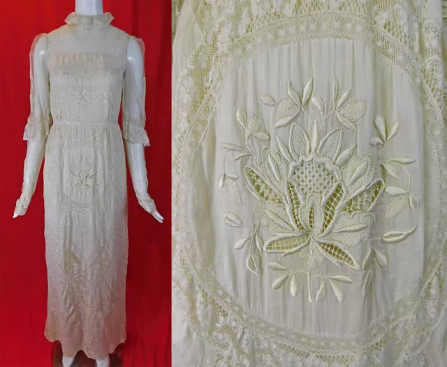 Vintage Edwardian Embroidered French Knot Normandy Lace Whitework Wedding Dress