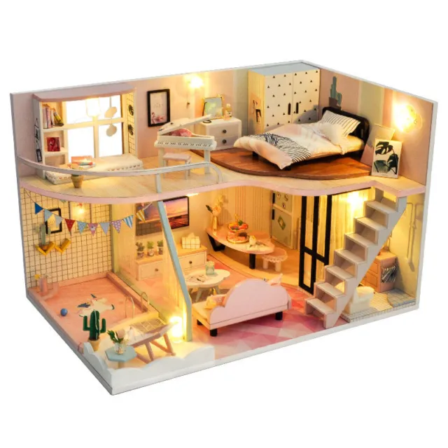 1pc Mini Dollhouse Kit Pink Attic Cottage Room Box Miniature DIY Handmade Gift