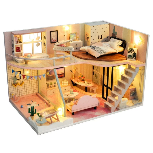 1pc Mini Dollhouse Kit Pink Attic Cottage Room Box Miniature DIY Handmade Gift