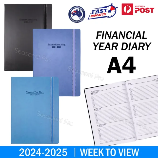 2024 2025 Financial Year Diary Week To View A4 Hard Cover Elastic Planner Office