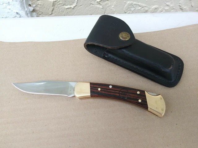 Buck 110 Folding Knife Wooden handle Fishing Pocket Knife Leather Sheath USA