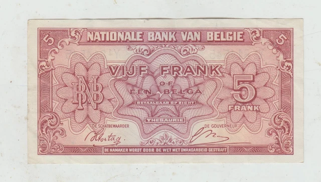 NICE BELGIUM 1943 World War Two 5 Francs Banknote, Good Condition £1.45 ...