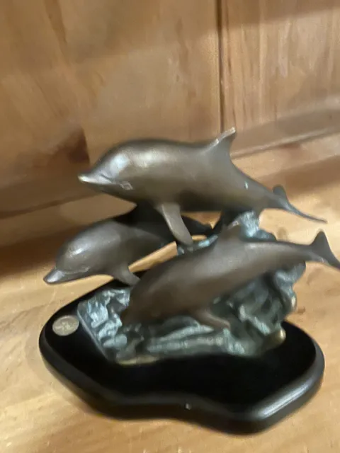 San Pacific International SPI 3 Dolphins Riding Ocean Waves Bronze Sculpture