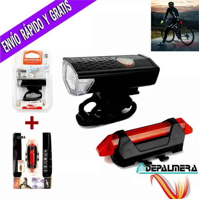 Linterna LED Bicicleta Pack Bici Luz Delantero y Trasero Ciclismo Usb Recargable