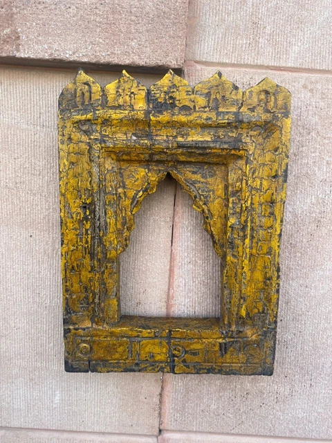 Antique Old  Indian Handcrafted Wooden Mustard Yellow Wall Hanging Mirror Frame