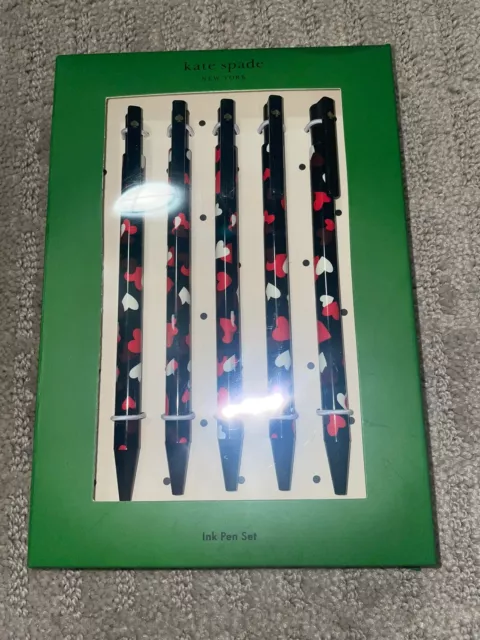 Kate Spade New York Celebration Hearts Click Pen Set of 5 Pens Black Ink NIB NEW