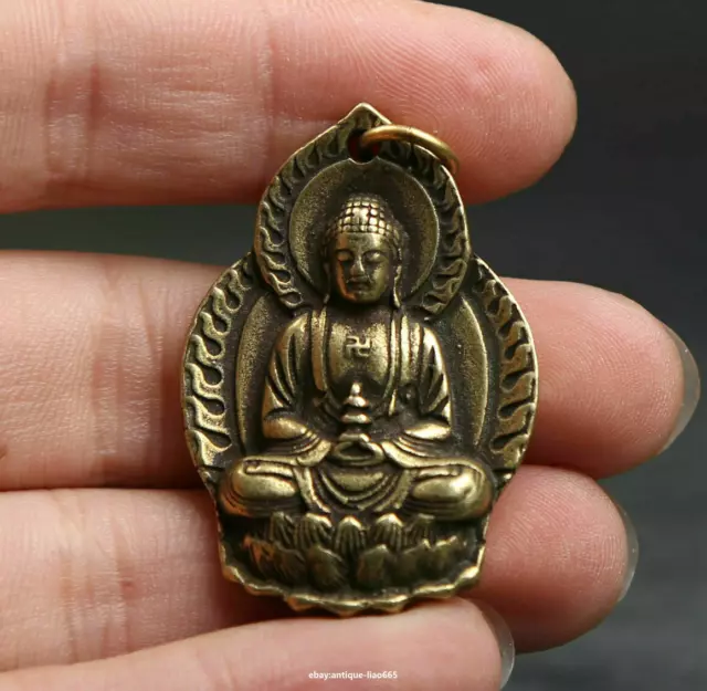 39MM Small Curio China Buddhism Bronze Shakyamuni Amitabha Buddha Wealth Pendant 3