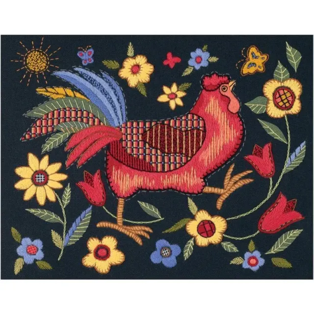 ROOSTER ON BLACK Printed Embroidery Kit 1543
