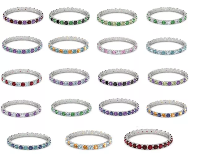 Full Eternity 2MM Round Multi Gemstone 925 Sterling Silver Women Wedding Ring