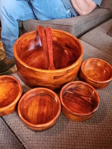 Vintage wooden glossed large salad bowl and 4 serving bowls