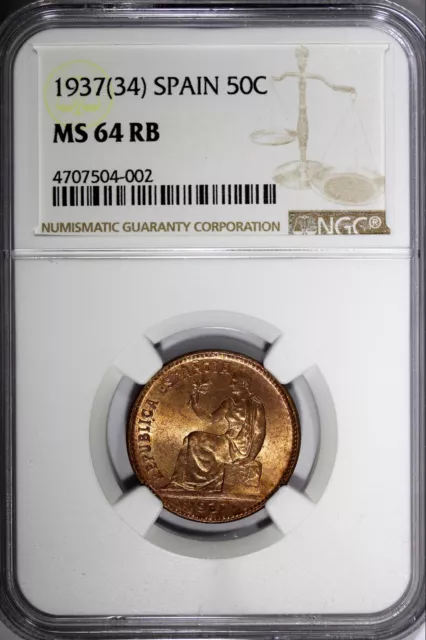 SPAIN II Republic Copper 1937 (34) 50 Centimos NGC MS64 RB KEY DATE KM#754.1 (2) 2