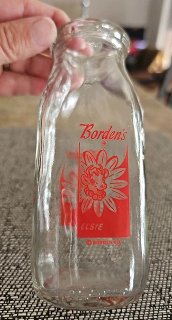 Borden's Half Pint Milk Dairy Bottle Red Graphics (Elsie Logo)-Vtg