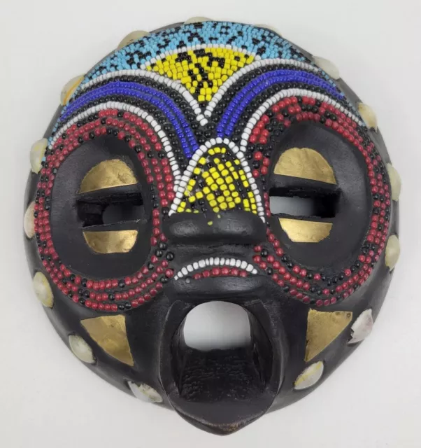 African Mask Ghana Beaded Carved Wood Round Ceremonial Tribal Gold  Colorful