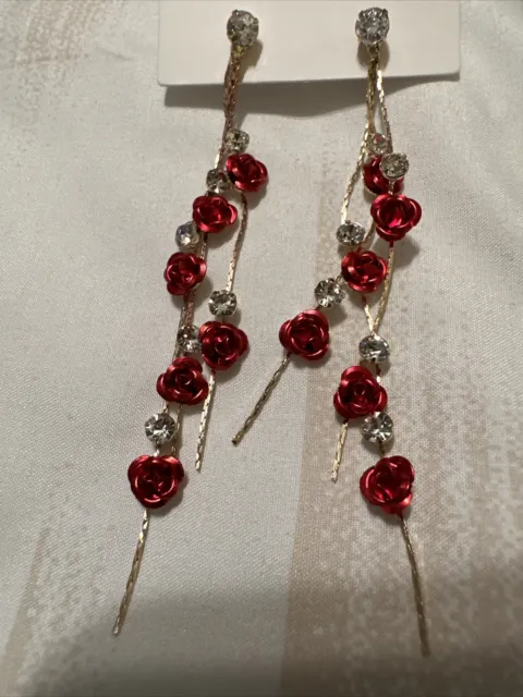 Betsey Johnson Rhinestone Crystal Red Flower Drop Earrings