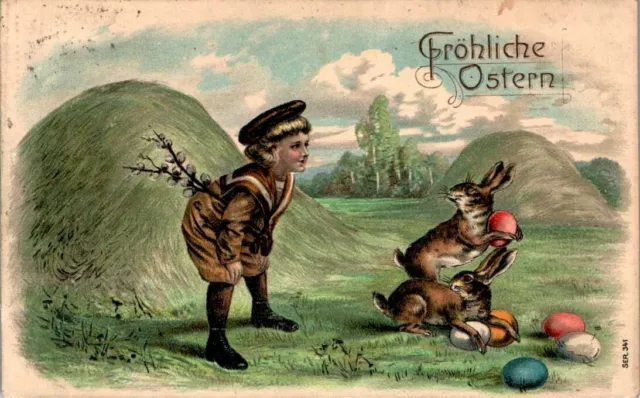 Ak Ostern Prägedruck Kind Mit Hasen Und Ostereier Auf Einer Wiese Col. 1908