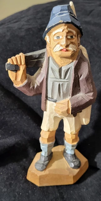 Hand Carved Wooden Man Hiking, Hand Painted, Not Signed. Man looks  Swiss