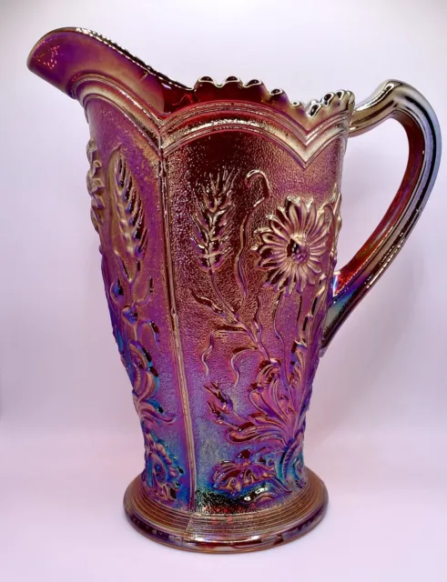 VTG Imperial Glass Pitcher IG Red Fieldflower Carnival Glass Co Water Genuine 9"