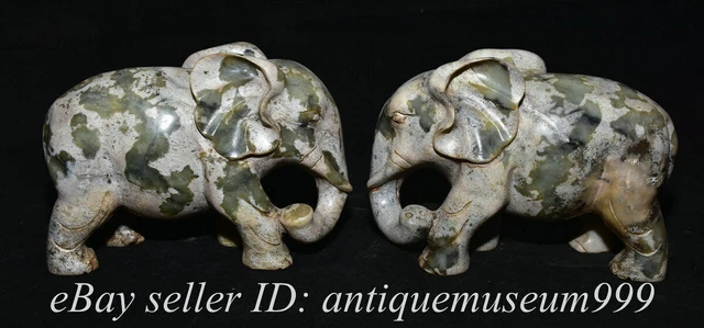 6.8" Chinese Natural Xiu Jade Carved Fengnshui Elephant Beast Statue Pair