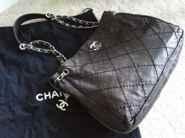 CHANEL bag purse leather wild stitch expandable zip hobo silver CC charm chains