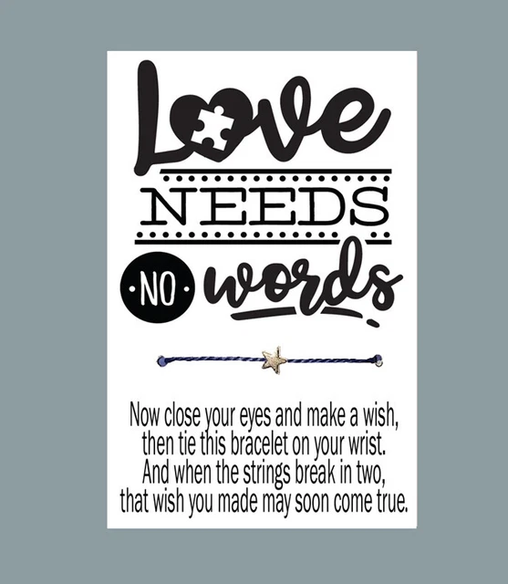Autism Love Needs No Words Gift Card Tie On Cord Star Charm Make A Wish Bracelet