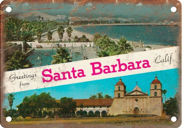 Santa Barbara Calif Greetings From Postcard 14" x 10" Retro Look Metal Sign ZK78