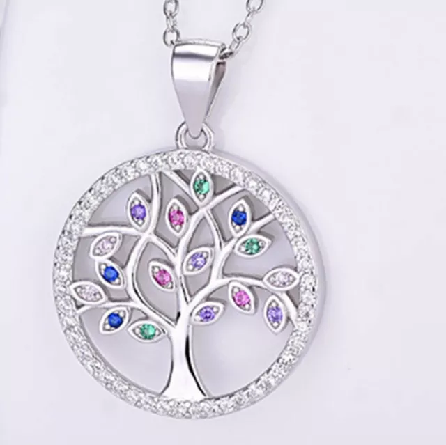 Women Silver Colorful CZ Round Tree of Life 925 Sterling Silver Pendant Gift