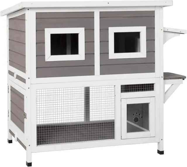Petscosset Cat House Outdoor Wooden Kitty Shelter Two-Story Feral Cat House