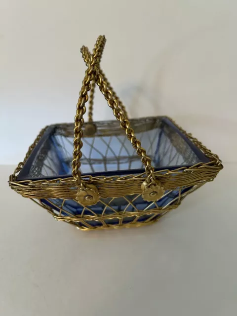 Gold Wire Square Basket with Handles  W/Blue Glass Bowl Insert.  Unusual