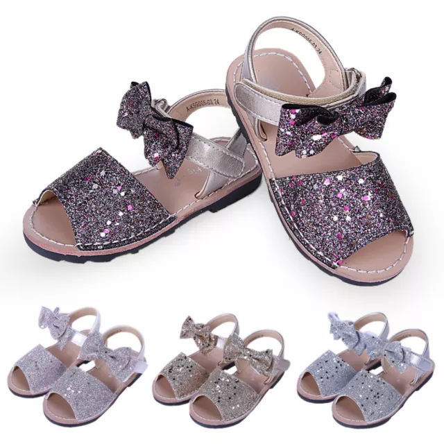 Toddler Girls Sandals Summer Party Dance Flat Heels Shoes Glitter Bow Sandals