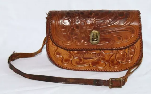 Vtg 70s Brown Leather Floral Hand Tooled Boho Western Purse Shoulder Bag Handbag