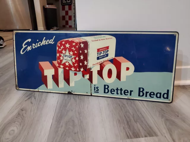 c.1940s Original Vintage Enriched Tip Top Bread Sign Metal New York Wards RARE!