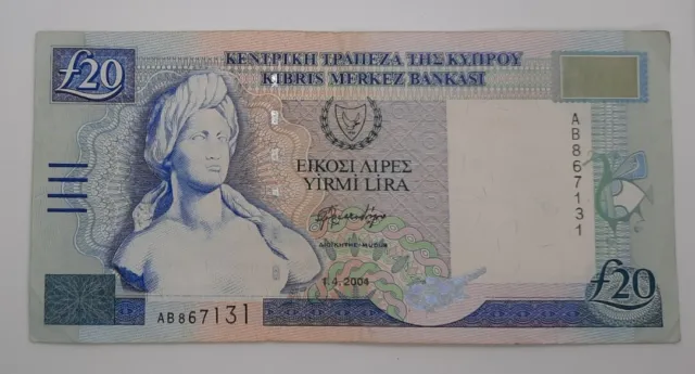 2004 - Central Bank Of Cyprus - £20 (Twenty) Lira /Pounds Banknote No. AB 867131
