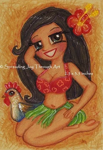 SALE ACEO GICLEE ART *PRINT* Joy Hawaii Girl Bikini Chicken Island Grass Skirt
