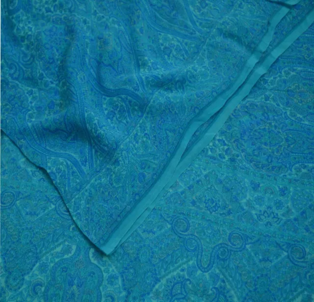 Vintage Blue Saree Pure Chiffon Silk Printed Indian Sari Craft Fabric Sewing 5Yd