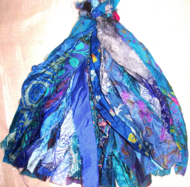 LOT PURE SILK Antique Vintage Sari TASSELS JOURNAL 50 STRAND Aqua Blue #ABGUS