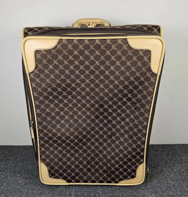 Ralph Lauren Monogram Rolling Luggage Suitcase 25" Brown Canvas Leather Trim
