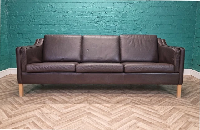Mid Century Modern Retro Danish Brown Leather Mogensen Style 3 Seat Sofa Settee