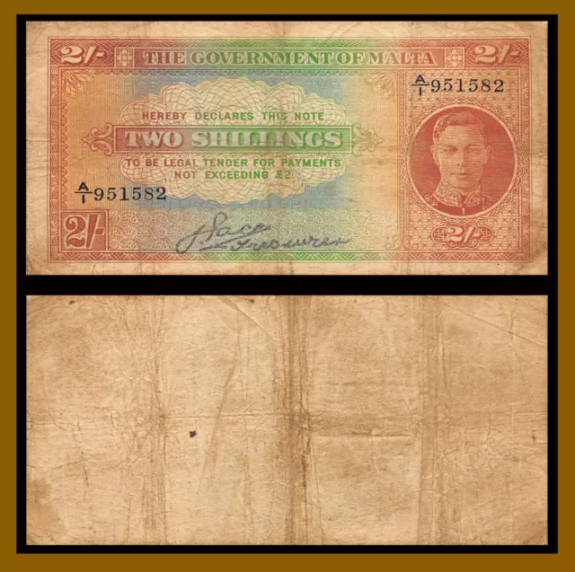 Malta 2 Shillings, 1942 P-17a Uniface George VI Banknote (F+)